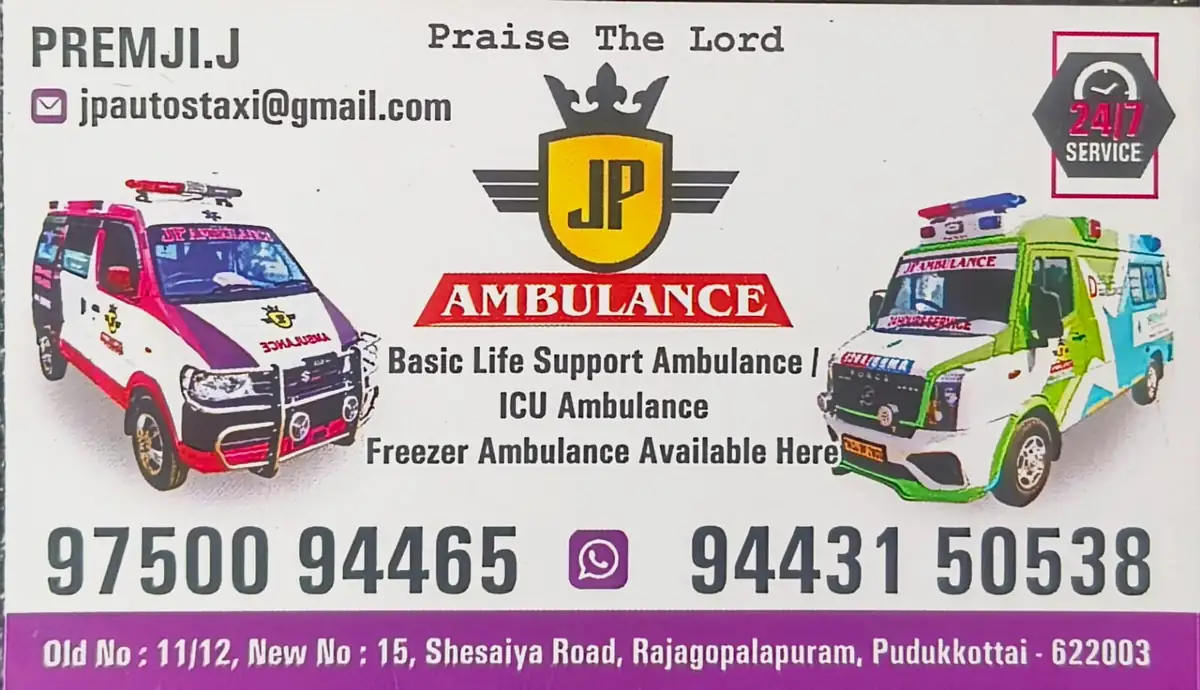 JP Ambulance service card listing Basic Life Support, ICU and Freezer ambulance with contact numbers